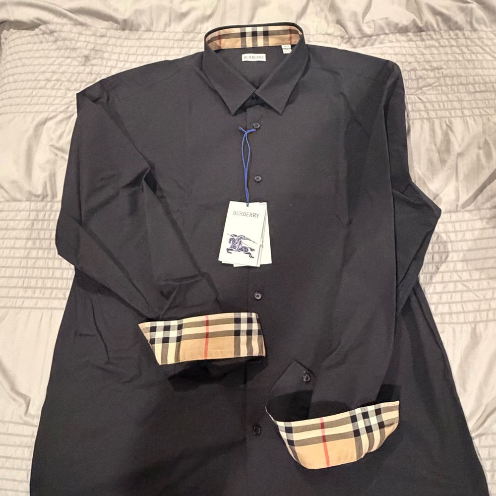 Burberry Men's Black Dress Shirt with Check Accents